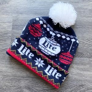 Miller lite beanie beer booze winter hat cap Pom Pom Christmas